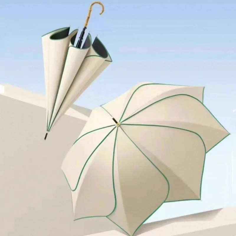Japanese Style Automatic Wind-resistant Petal Lotus Black Glue Sunscreen Umbrella Ins Bamboo Wood Handle Distinctive Sunproof