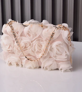 Chiffon Flower Banquet Bag Champagne Women's Handmade Dress Bag Diamond Bag Small Capacity Box Crossbody Handbag