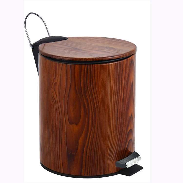 Metal trash can with wood grain step foot pedal kitchen dust bin
