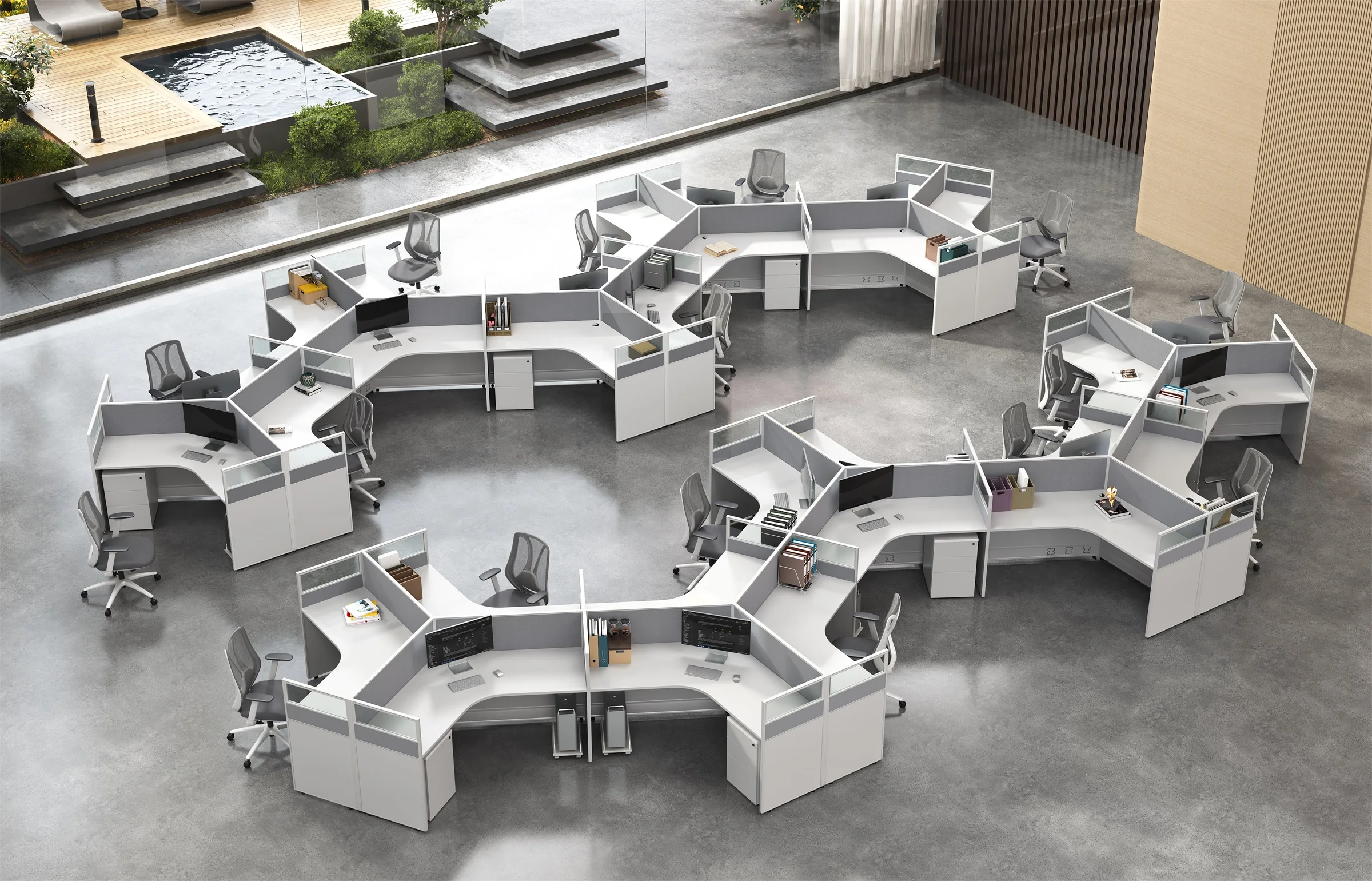 Modular 3/6 Person Office Workstations With Y-Shape Partitions Connection Commercial Furniture Cubicles Panel Wood Style Desk