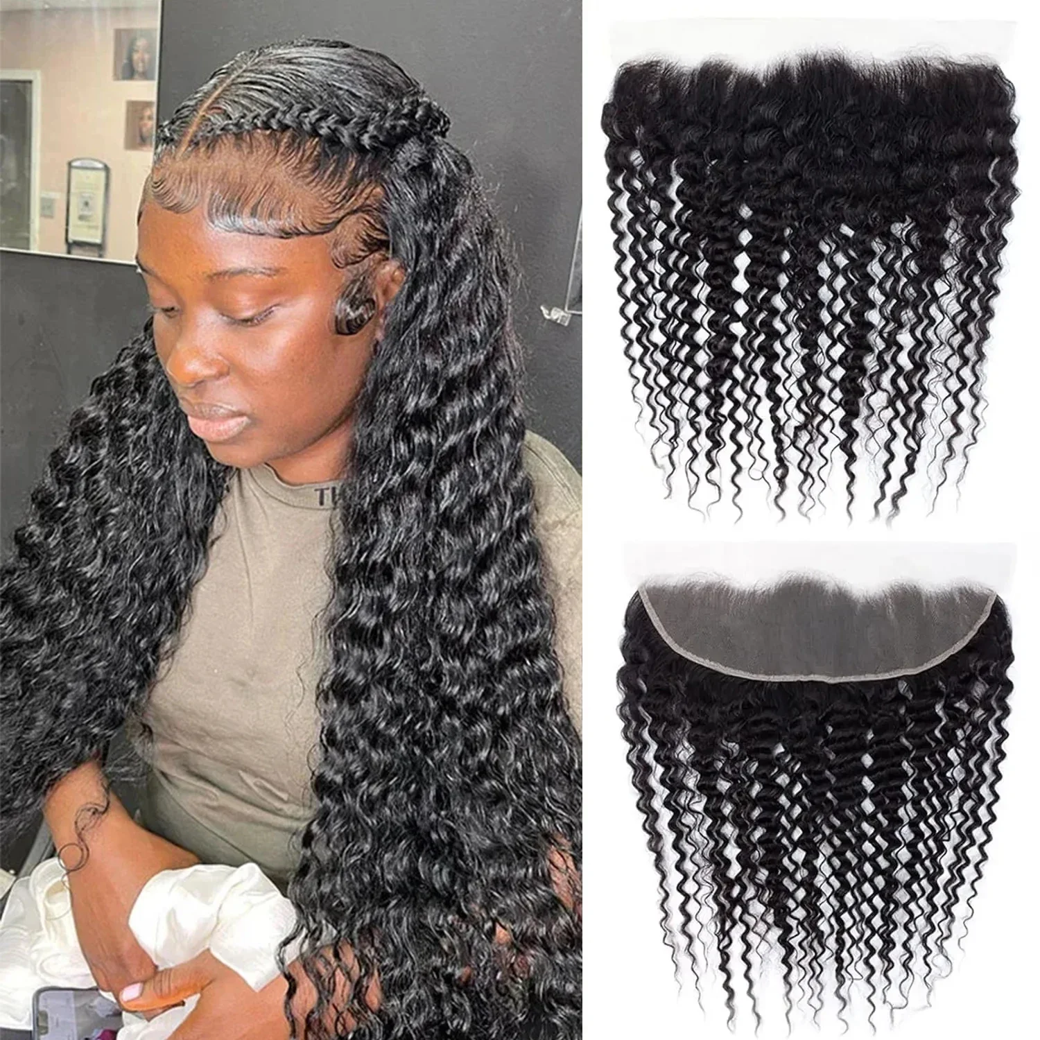 Cabello humano Remy de 13 x 4 con ondas profundas y cierre de encaje suizo, nudos blanqueados, cabello de bebé prearrancado n.° 1B_voghion.com