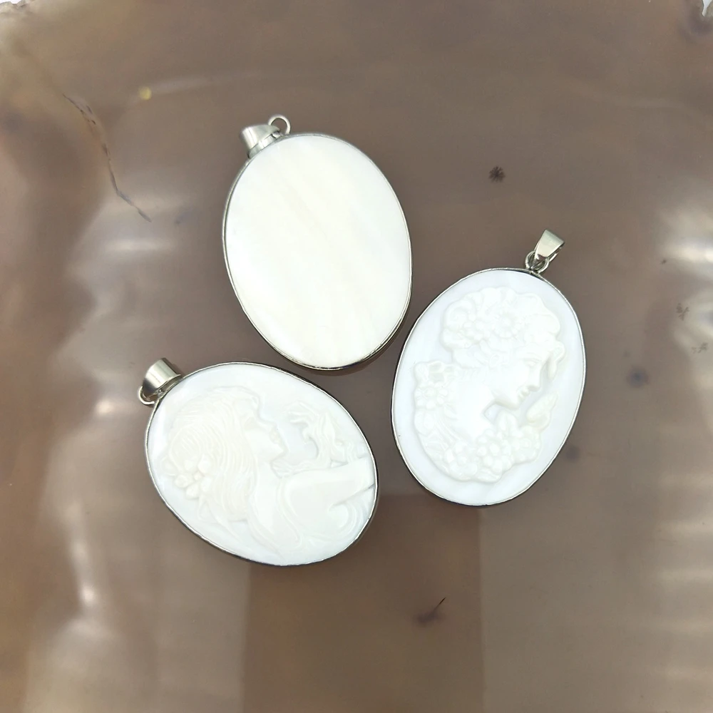 Bulk Wholesale New Romantic Lady Design Loose Hand Carved White Shell Cameo Pendant Silver Bezel Natural Gemstone Christmas Gift