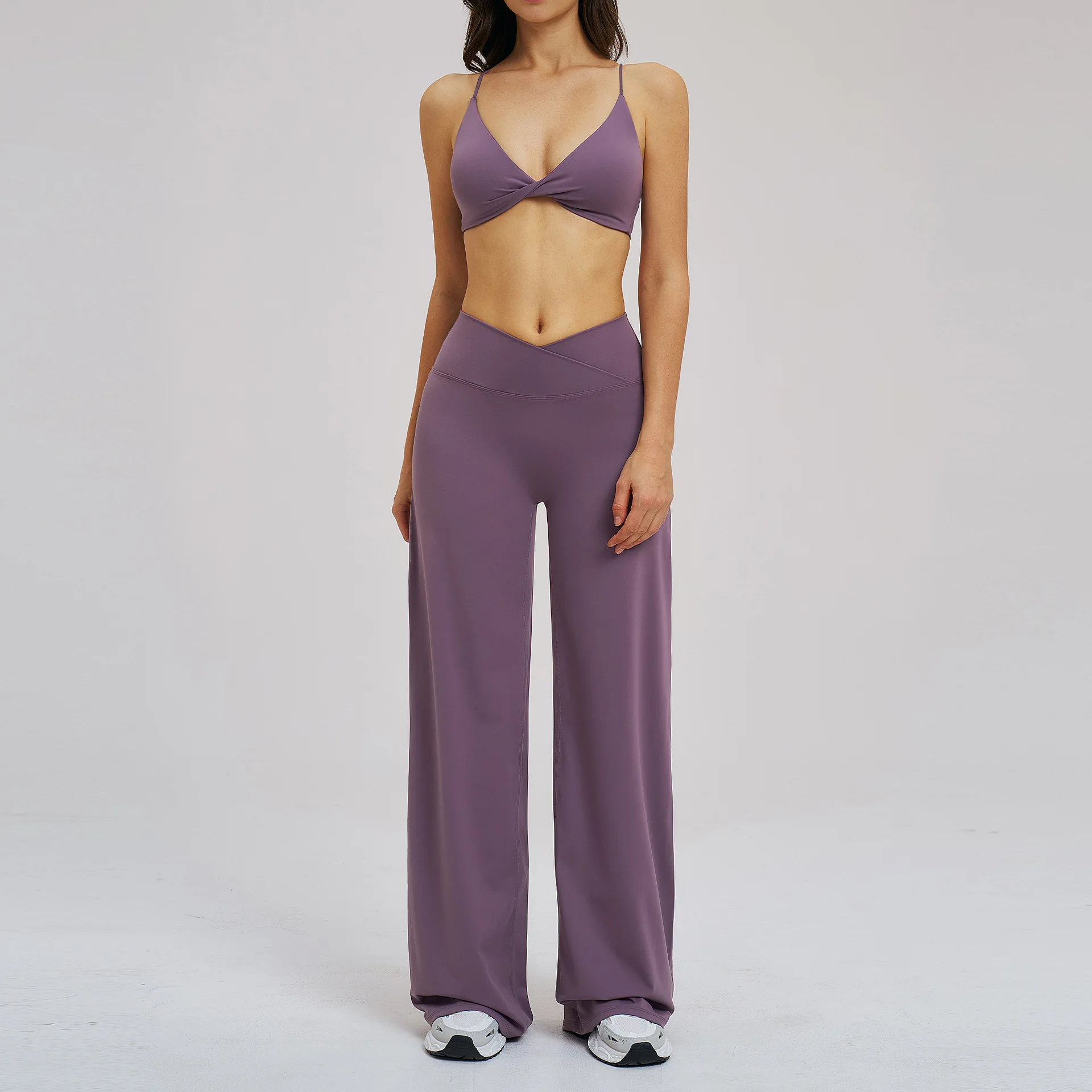 Style Brushed Solid for Yoga Suit Cross Waist Sports Wide Leg Fitness Outdoor Running Wo
