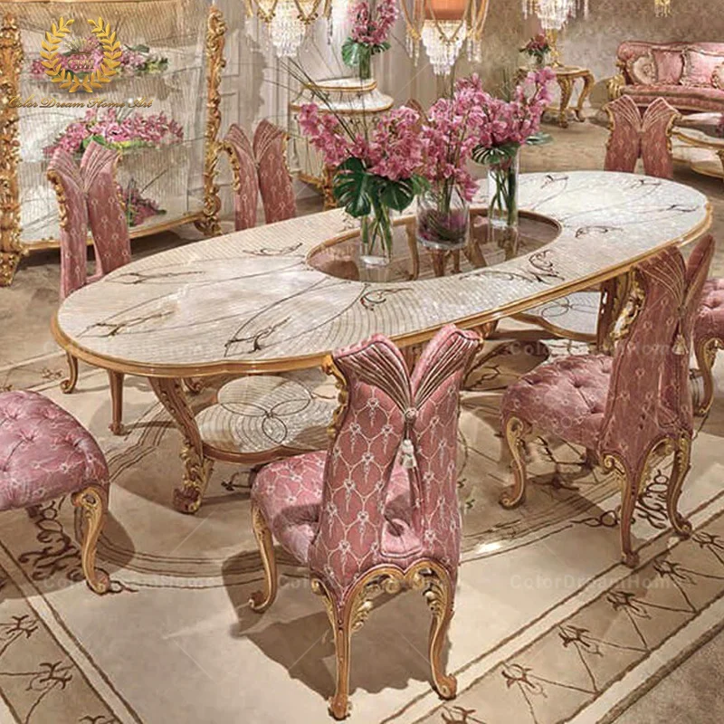 Custom Princess Style Furniture Italian Luxury Carved Dining Room Furniture  Dining Table Set Seater with pink Chair