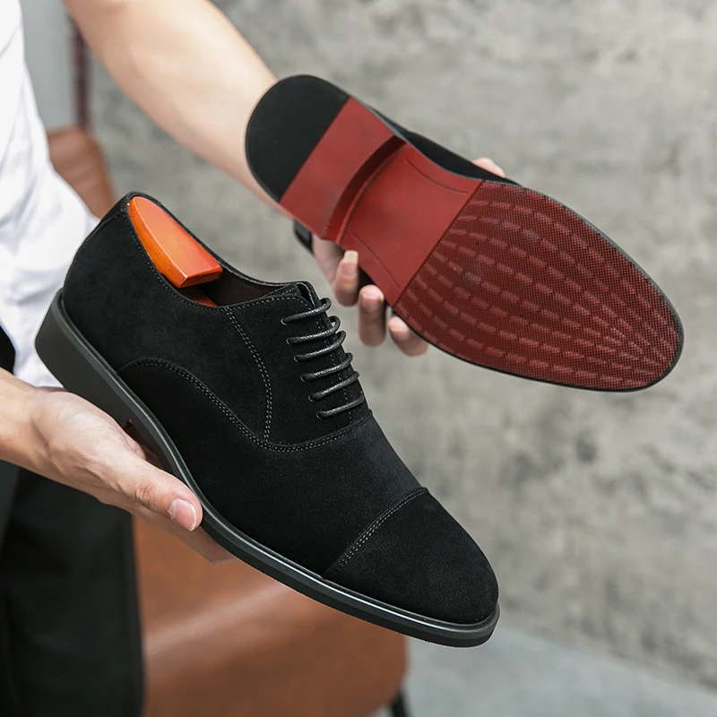 Red Bottom Hard Wearing Faux Suede Leather Shoes Comfortable Breathable Men  Dress Shoes Oxford