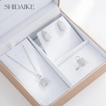 Luxurious Women's Gold Plated Copper Necklace Earrings Rings Set Colorful Diamond Zircon Fashion for Christmas Gifts