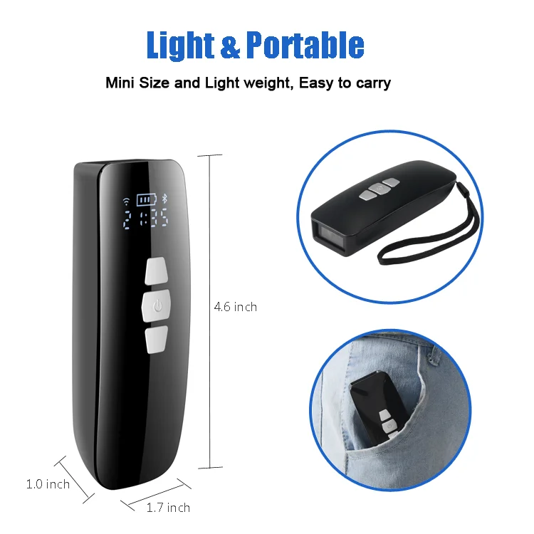 2D Portable Mini BT Barcode Readers Wireless QR Code Scanner Reader Long Working Time with Battery Memory