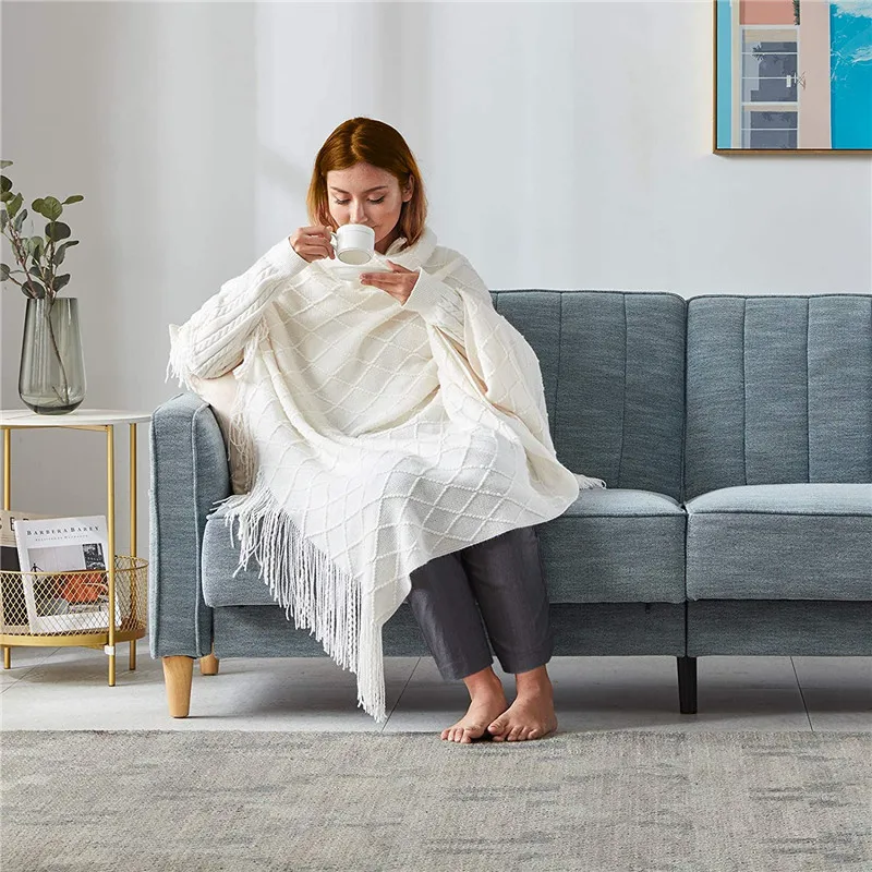 2024 Low Moq White Super Soft Cozy Textured Solid Tassels Decorative Lightweight Acrylic Knitted Couch Throw Blanket