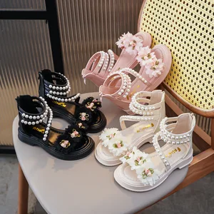 Student Beach Shoes Soft Sole Flat Heel Princess Shoes Open Toe Children's Sandals Summer Pearl Flower Girls' Sandals