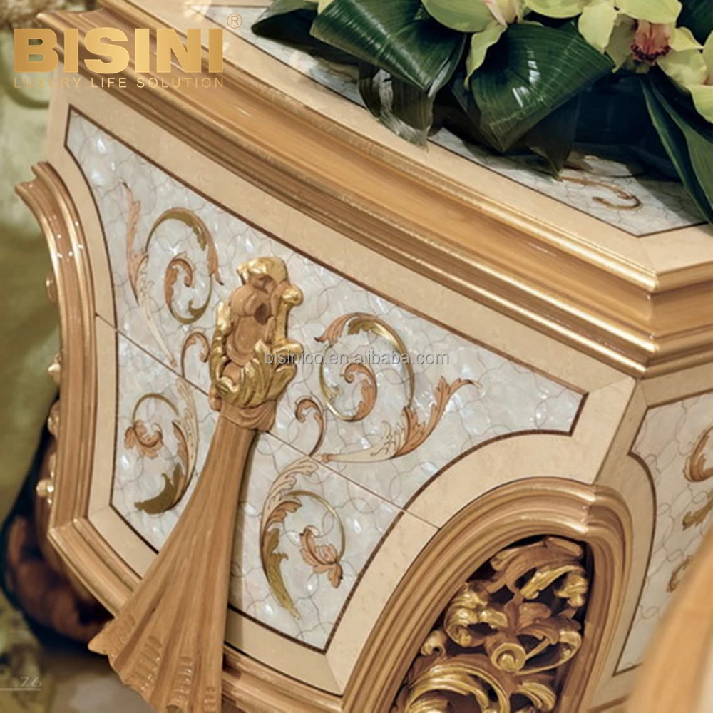Luxury Italy Rococo Style Carved Wood Exquisite Handcrafted Shell Parquet Nightstand Villa Bedroom Furniture Night Table