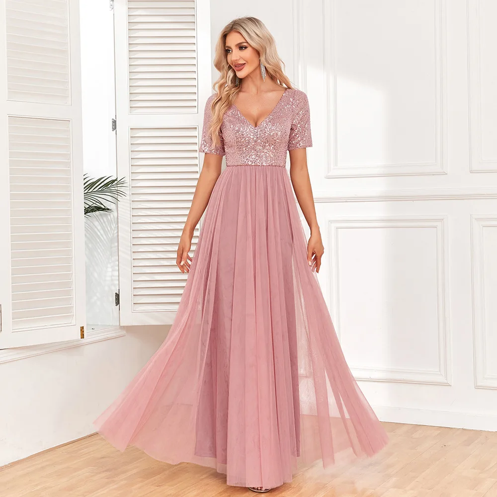 sachin and babi light blue dress Eco-Friendly Elegant A-Line Tulle Evening Dress for Women New Short Sleeve  Patchwork V-Neck with Lace Decoration