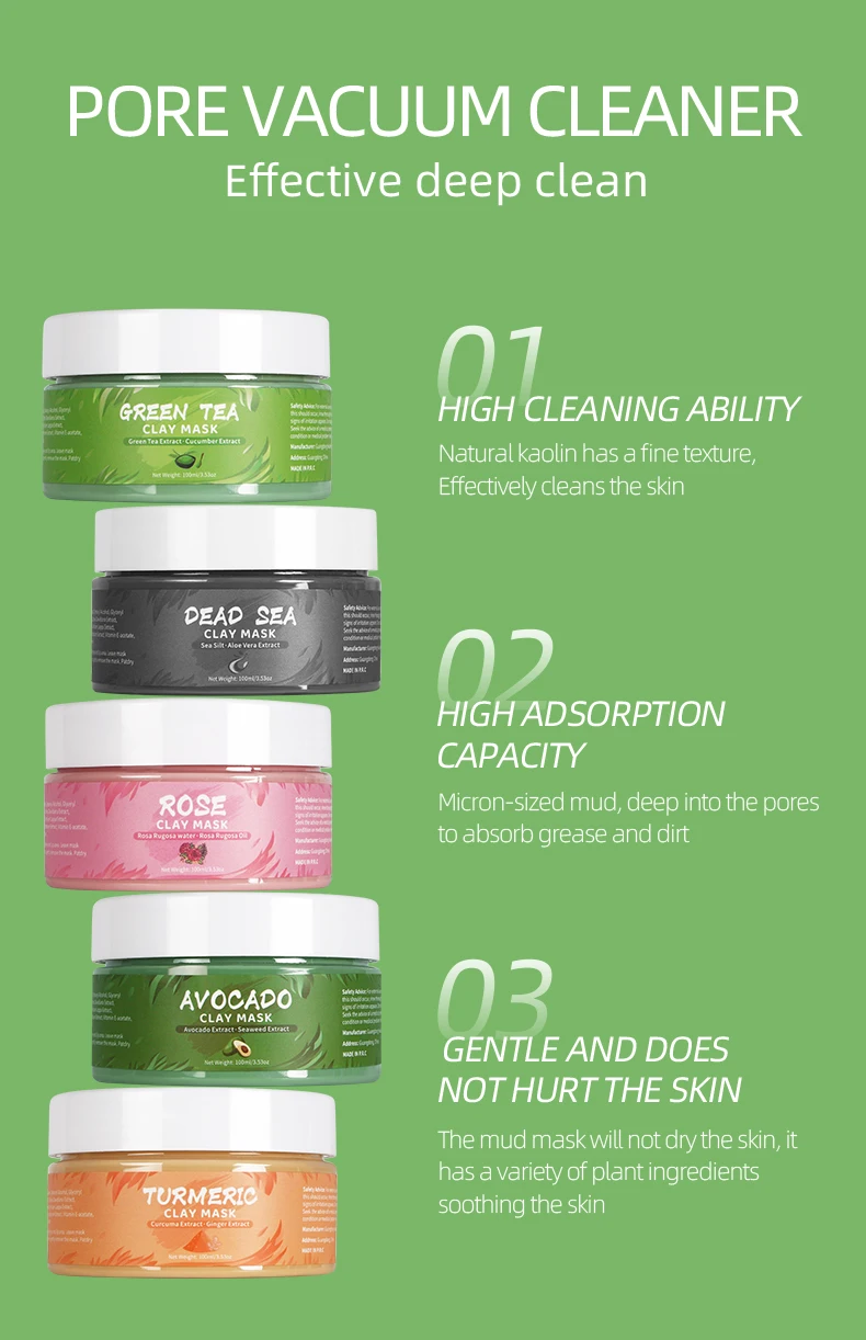 Organic Clay Mask Kit Private Label Turmeric Green Tea Pink Rose Face