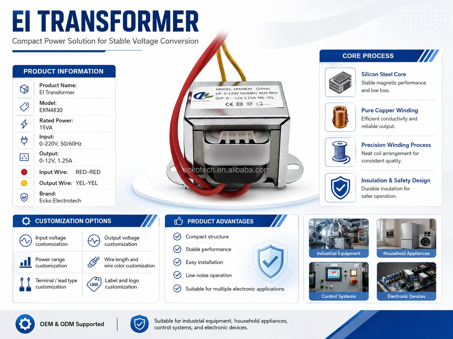 Industrial EI Control Transformer 800VA 1000VA 1500VA 2000VA 220V 380V Multi-Output Low Loss Power Transformer