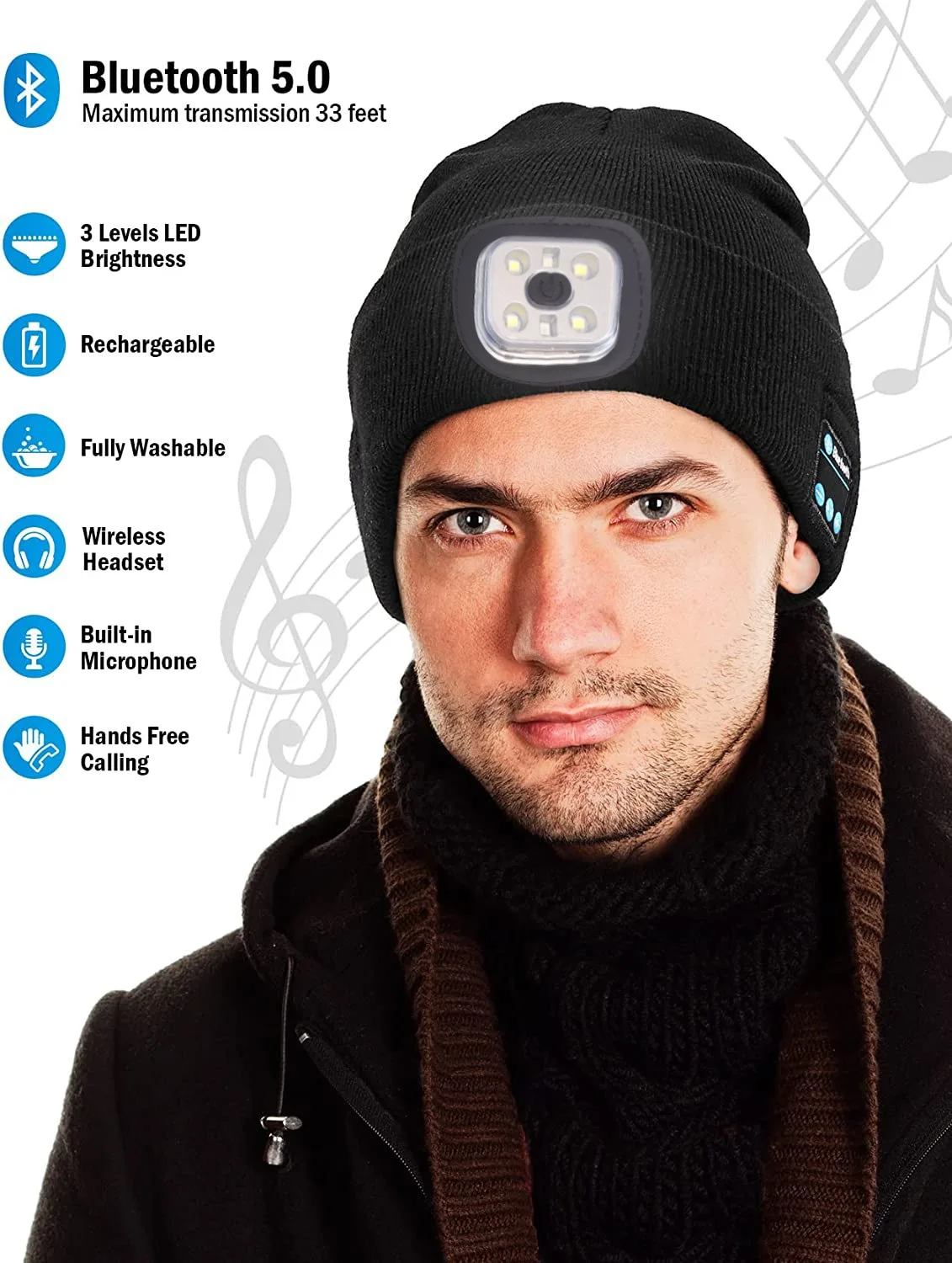 3in1 Wireless Bluetooths Music Hat LED Lights Knitted Beanie Hat USB Rechargeable - Image 3