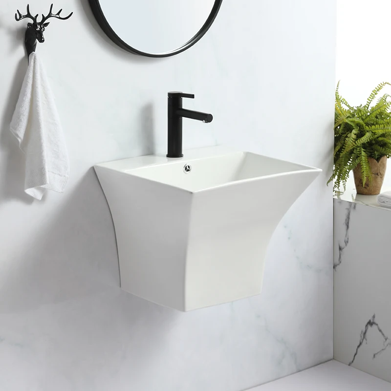 Modern Design One Piece White Bathroom Ceramic Washing Basin Wall Hung Half Pedestal Sink