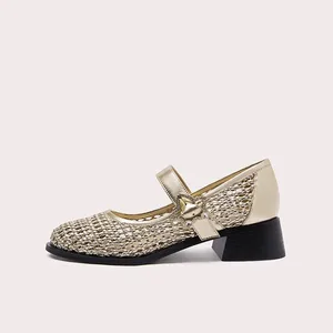 New Style Glittering Gold Women's Mary Jane Shoes with Woven Design Buckle Strap Low Heel Daily Shoes