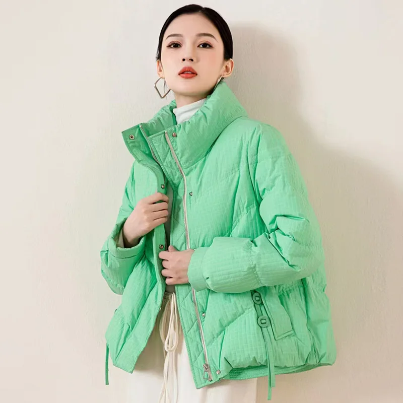 Warm Fashion Waterproof Women's Puffer Down Coat Sloping Pocket Simple Standing Collar Without Hat Long Down Jacket for Ladies