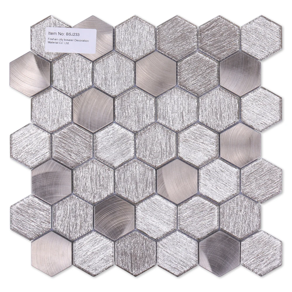 Premium mosaics tile luxury champagne glitter brushed hexagonal glass blend aluminum mosaic for hote