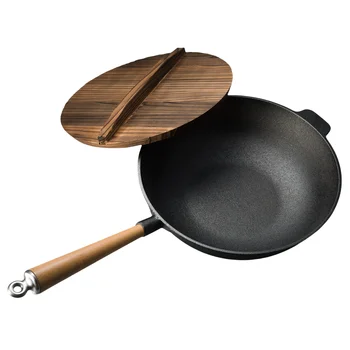 Pre-Seasoned Cast Iron Kitchen Cookware Frying Pan Long Wooden Handle  Wok for Home Cooking Kitchen Tools