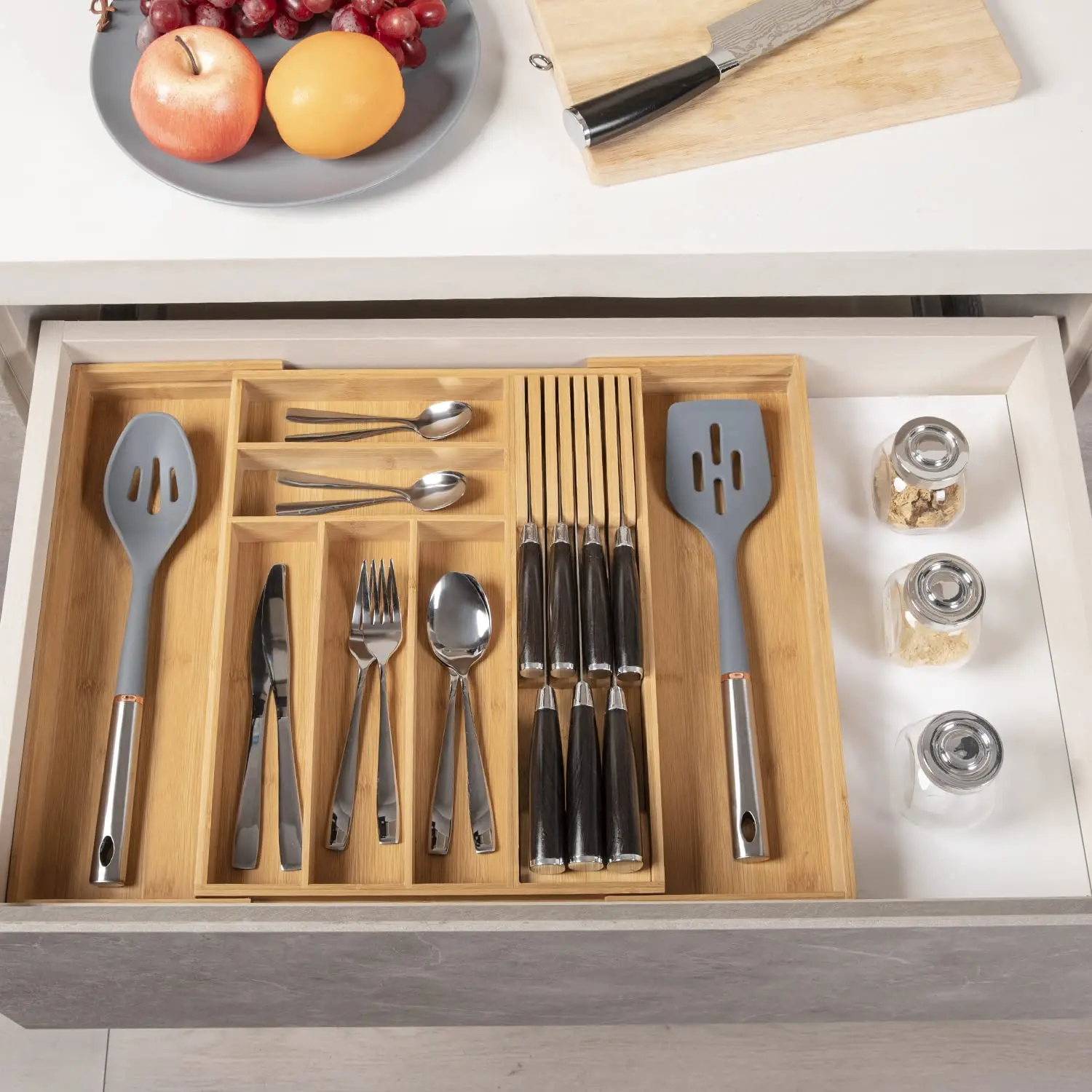 product expandable bamboo drawer organizer removable knife block 8 compartments kitchen silverware cutlery tray utensil storage divider-3