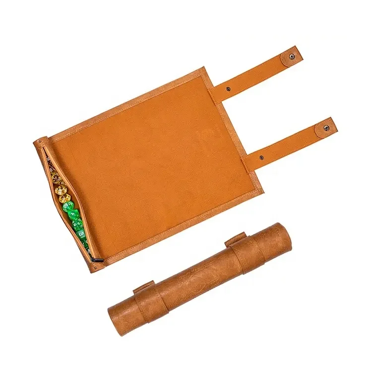 High Quality Custom Premium Leather Scroll Rolling Dice Mat With Zipper Storage Bag