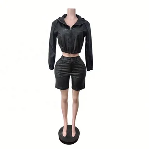 Dropshipping New Arrivals S-2XL 2026 Wholesale Autumn Fall Winter Pu Leather 2 Piece Shorts Set Women