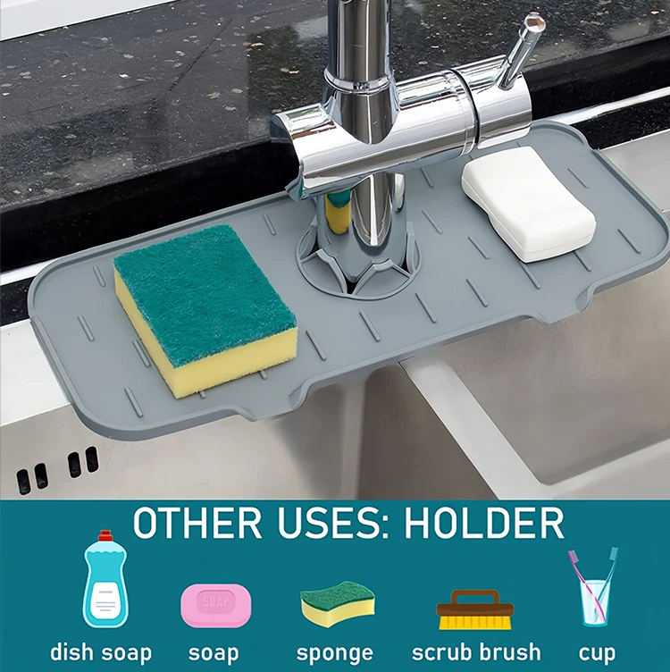 Silicone Drip Mat For Faucet, Sink Protection, Dish Sponge And Soap Holder For Kitchen Sink, Drying Mat For Kitchen Countertop And Bathroom - Splash Protection - Thicker Than Competitors With A Weight