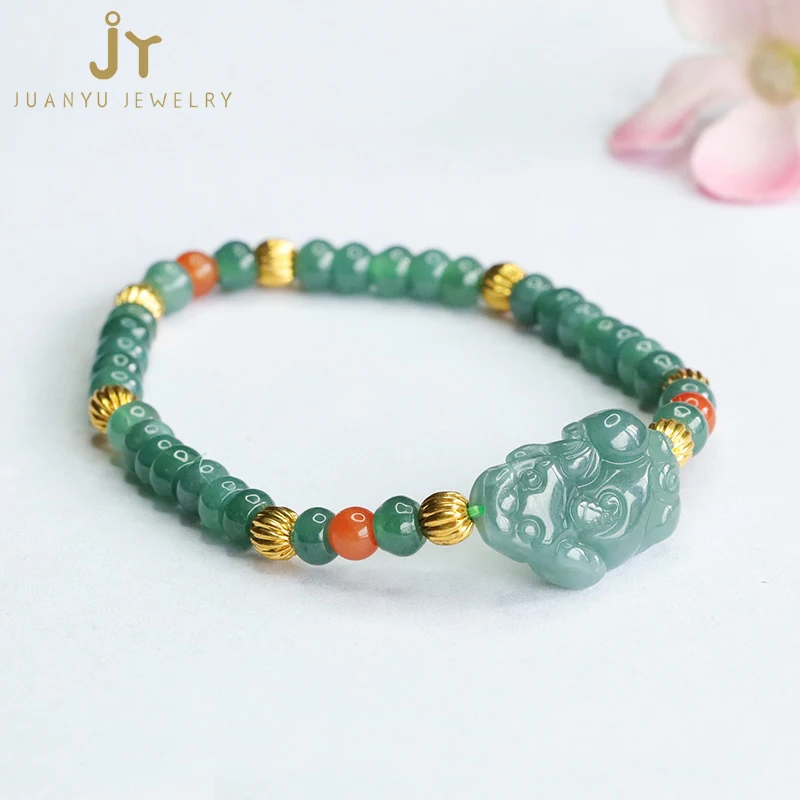 Gelang batu alami Pixiu hewan mistis, gelang manik-manik giok ukir tangan  Myanmar, Perhiasan mode