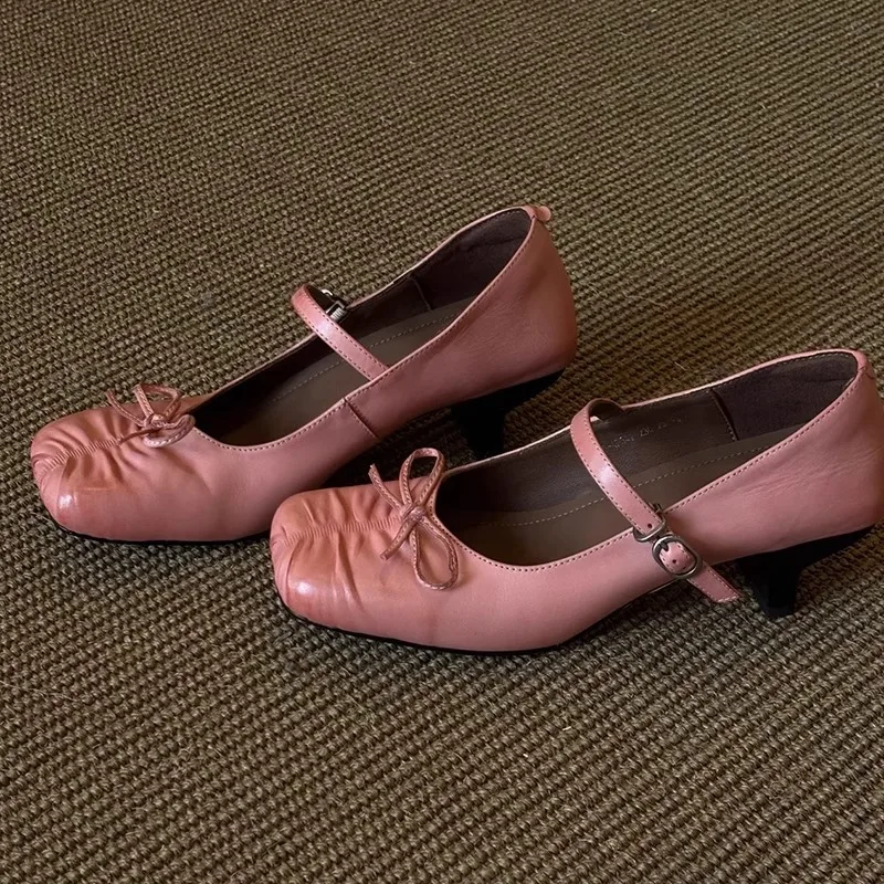 Square Toe Summer Vintage Mary Jane Shoes Women French Elegant Bowknot Thick Heel Pumps Ladies - Image 3