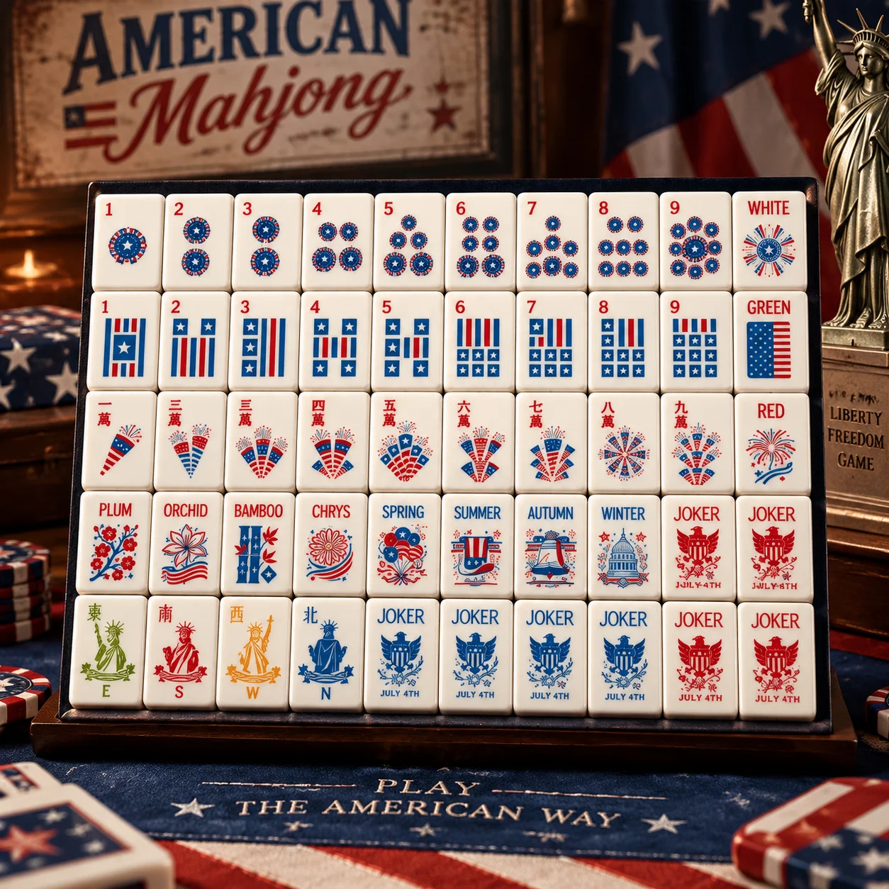 Luxury Patriotic American Mah-Jongg Set Acrylic Tiles US Flag 4th July Eagle Pattern Joker Water Resistant Family Social