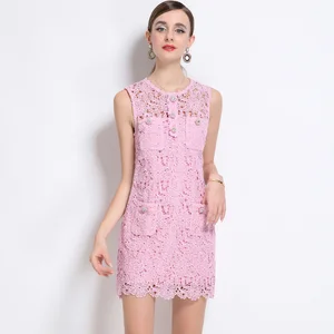 New Arrival Women Casual Sleeveless Natural Waist Woven Breathable O-Neck Hollow Lace Elegant Dresses
