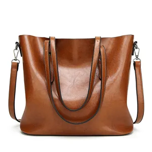 A-24 New Retro Style Women's Oil Wax Leather Handbag Elegant Zipper Closure Shoulder Bag Two Polyester Lining Bright Face Tote
