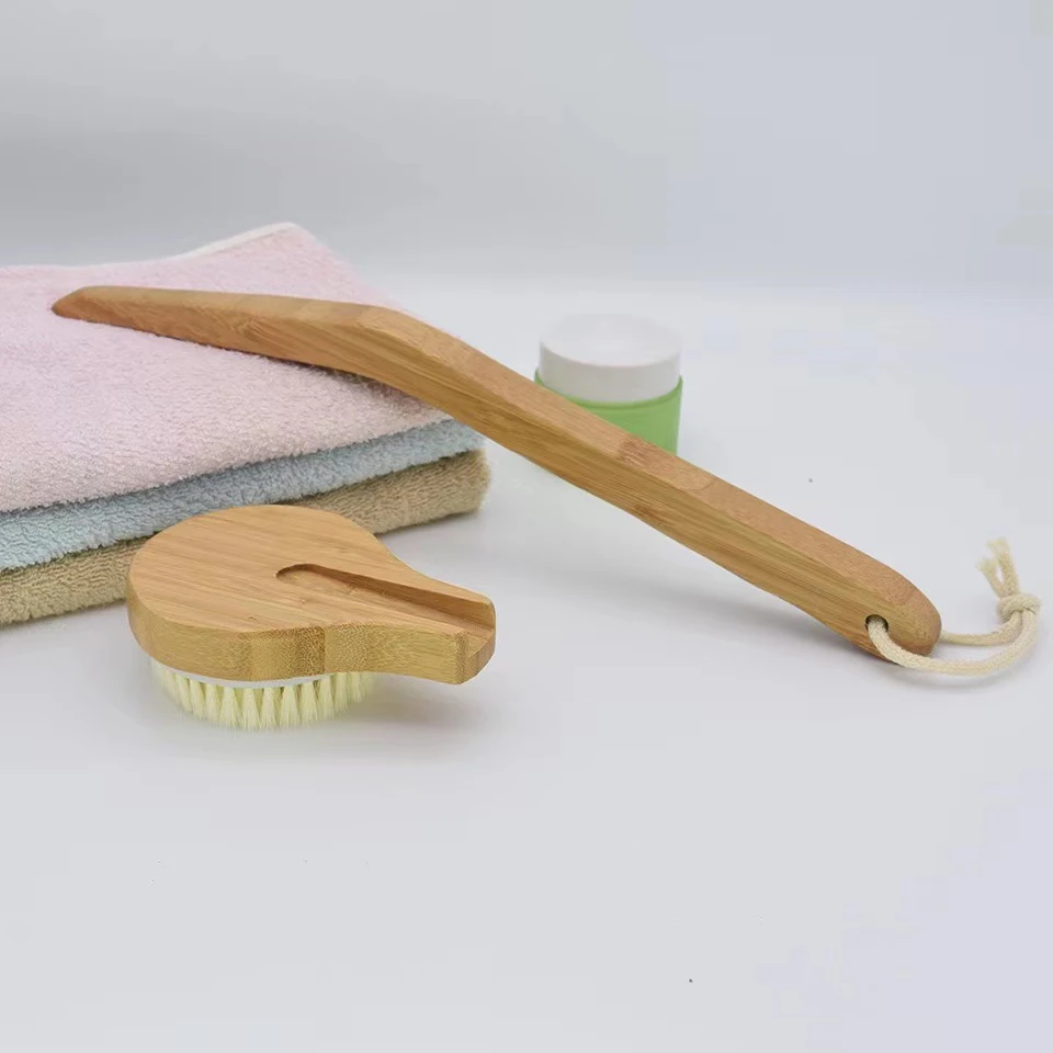 Индивидуальная изогнутая щетка для сухой ванны с бамбуковой деревянной съемной длинной ручкой, щетина из сизаля кабана для мокрой чистки тела