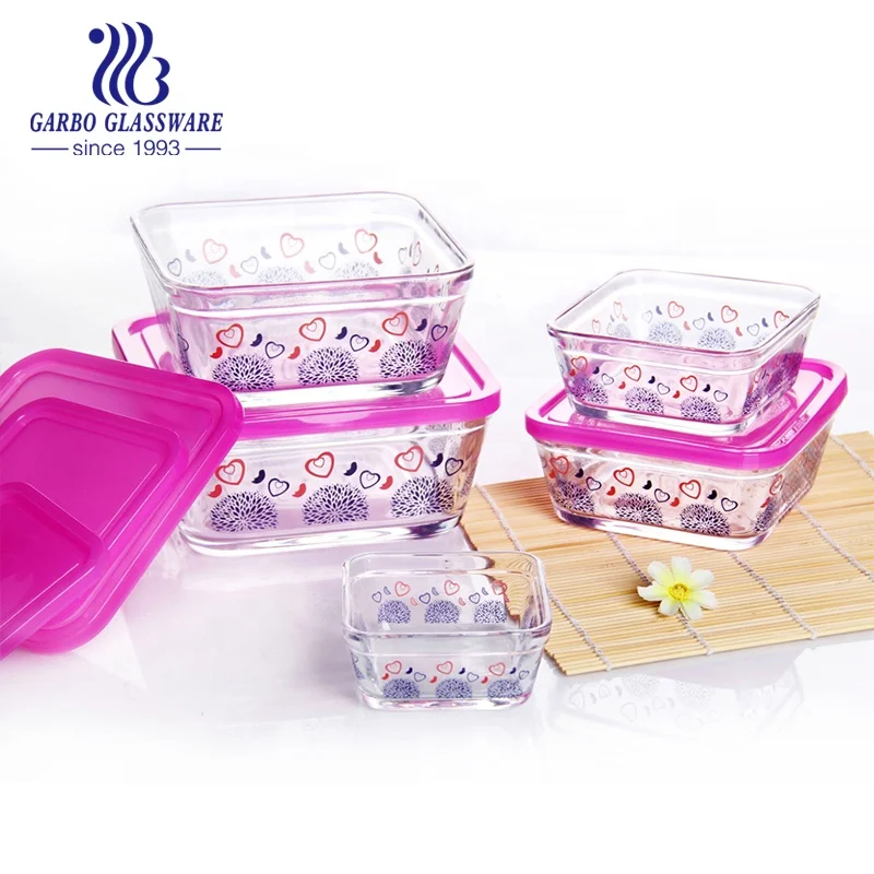 5pcs Food Fruit Home Kitchen Outdoors Lunch  Decaled Printing Plastic Lid Glass square Container Storage Box Glass Bowl Set
