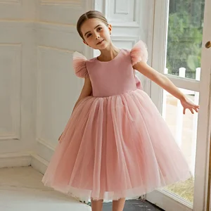 High-End Summer Piano Girl Dress for Kids Satin Tulle Puffy  Ruffle Fly Sleeves Bow Decoration Princess Dresses