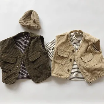 Korean style children's clothes corduroy vest 2024 autumn new fashion baby boys cardigan vest kids clothing