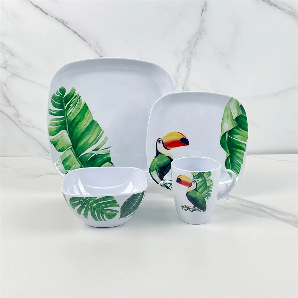 New Design Spring Leaf Toucan Custom logo Fine Melamine Dinnerware Set Luxury 16pcs Melamine Plate Bowl Mug Tableware Sets