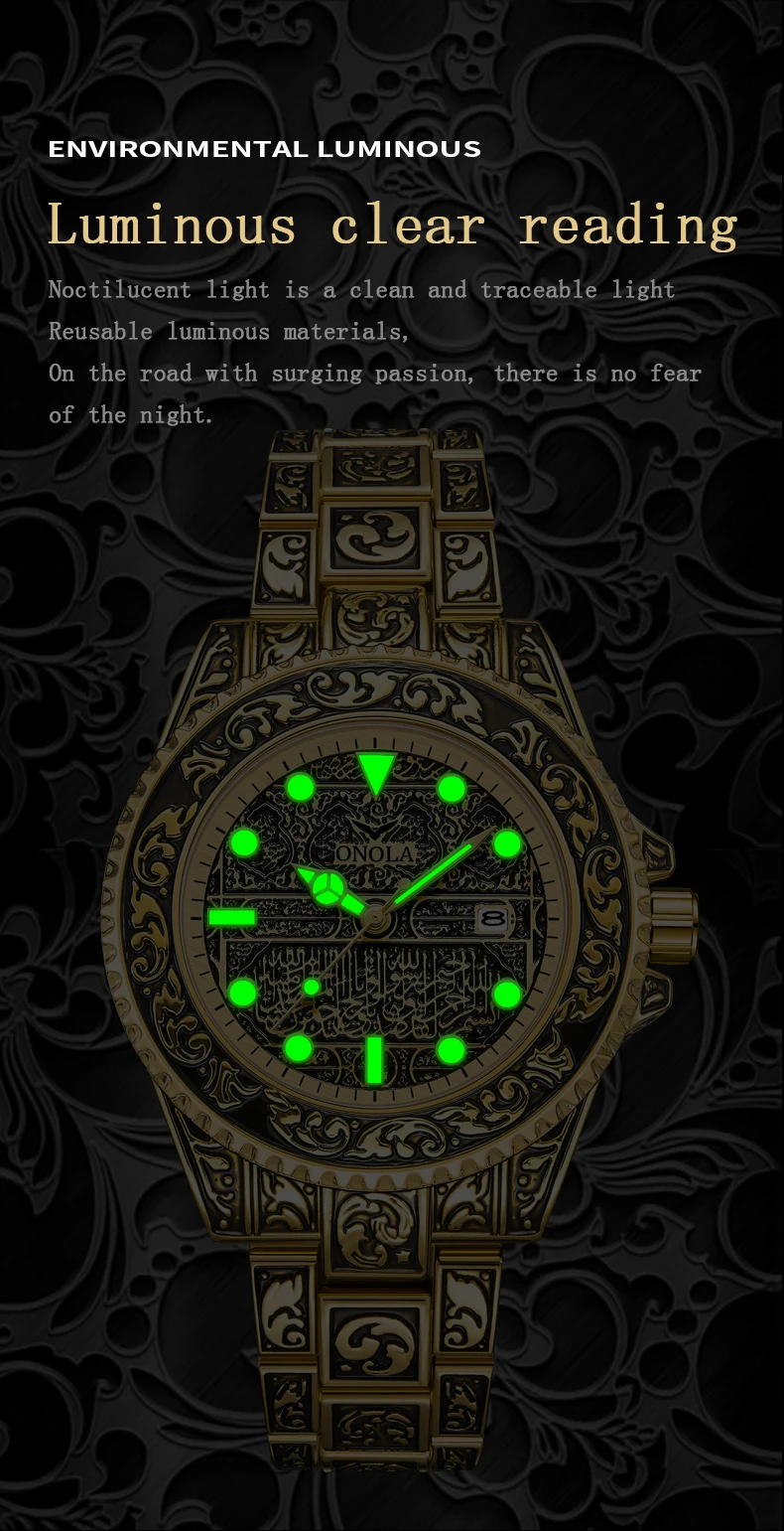 ONOLA 3830 44mm Automatic Mens Quartz Watches Gold Watch for Men Waterproof Luxury Arabic Wrist Watches