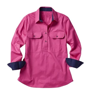 Custom Factory Half Button Long Sleeve Women 100% Cotton Twill Workshirt Two Colour Contrast Colour Collar and Cuff Workshirt