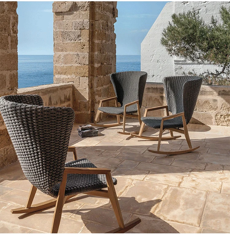 Outdoor Antiseptic Wood High-back Rocking Chair Teak Rattan Chair Villa