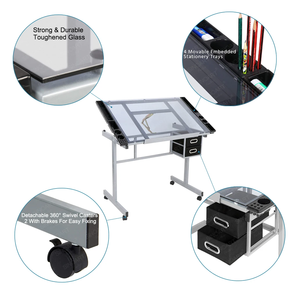SINOART High Quality Transparent Glass Top Height Adjustable Drawing Table Drafting Table  for School Home Furniture