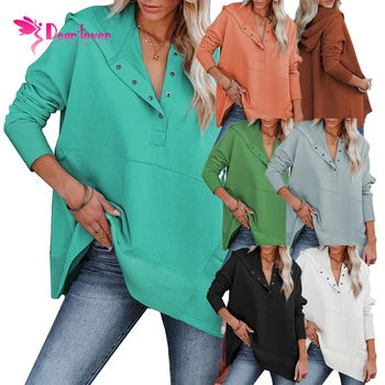 New Arrival Fashion Woman Hoodies & Sweatshirts Women Batwing Sleeve Pocketed Henley Pullover Hoodie
