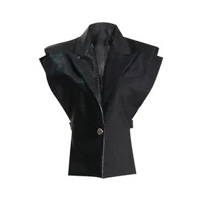 PU Crocodile Leather & PU Spliced Adjustable Minimalist Fashion Waistcoat