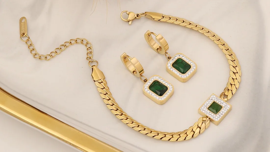 Fashion Statement 18k Gold Plated Stainless Steel Square Emerald Zircon