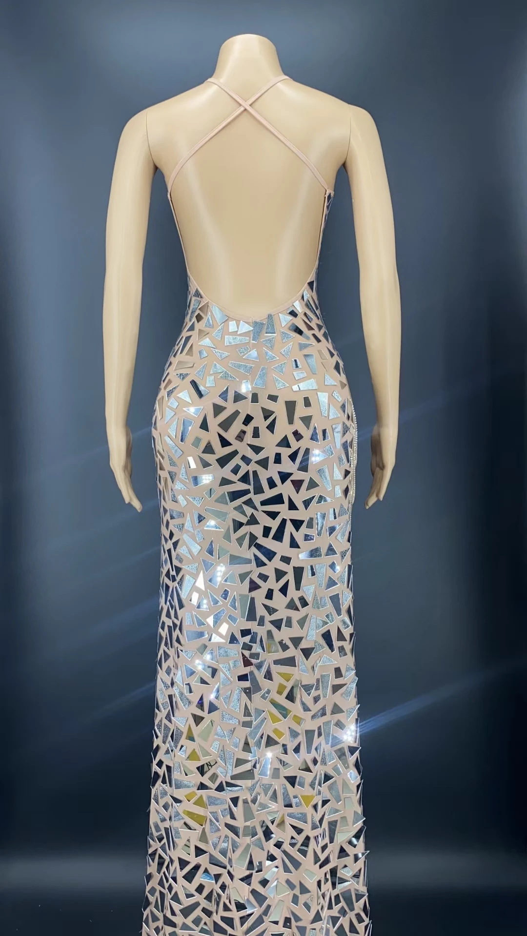 Sexy Mesh See Through Silver Mirror Sequins Maxi Wedding Party Dress Ladies  High Slit Backless Evening Gown Women Prom Dress