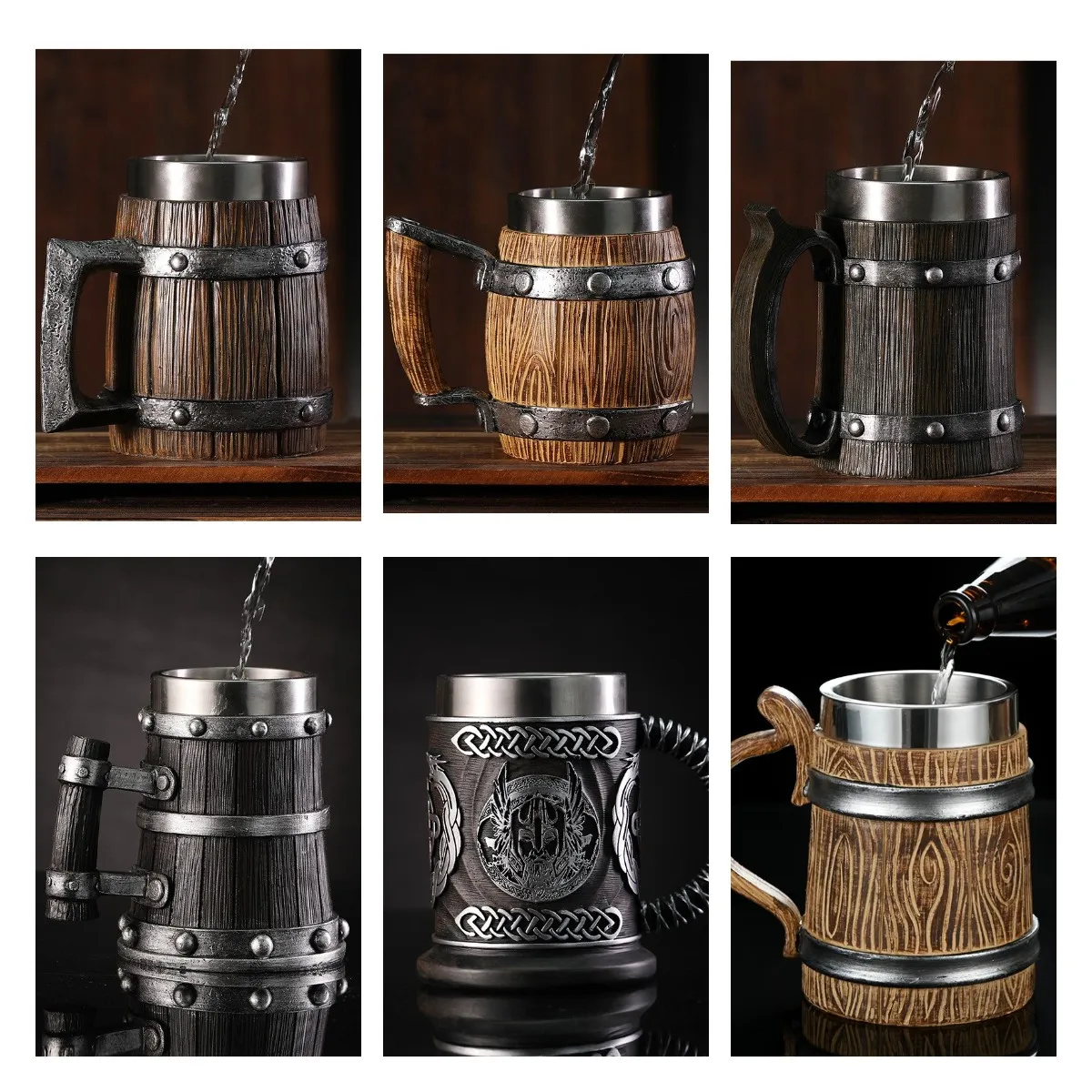 Viking Tree of Life Mug Set VK02 Celtics Thor Beer Mug Collection Resin Novelty Party Wood Barrel Cup Viking Mug Stuff