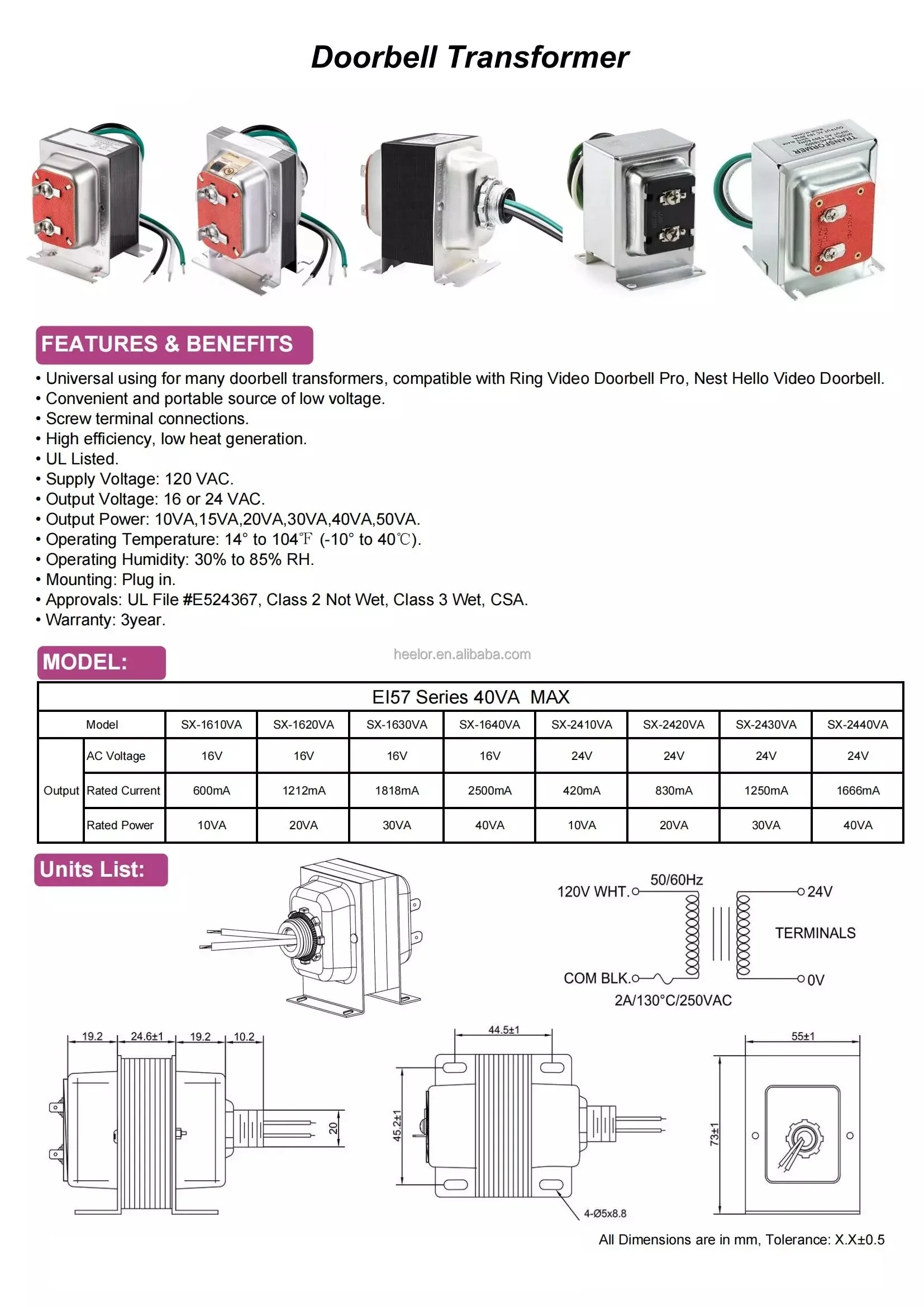 Hub Mount 120v 60hz Ac 24vac 30va 16vac 10va 12va 24va 30va Class 2