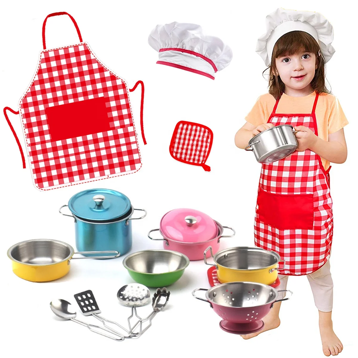 JaxoJoy Kids Cooking And Baking Set - Complete Kids Cooking Set Includes Kids Chef Hat And Apron Mitt Utensils Chef Costume For Kids Dress Up Clothes For Little Girls 3 Year Old Girls 