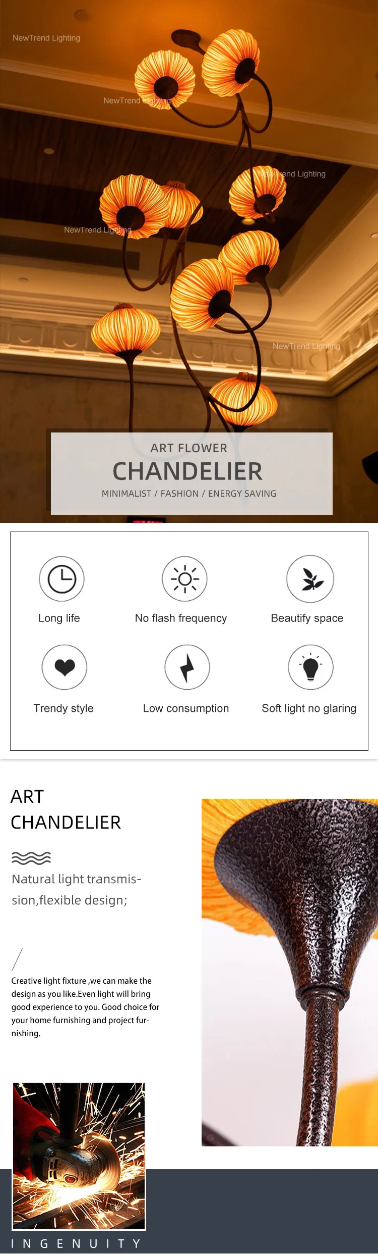 CPL-330 Nature Inspired Indoor Lighting Art Flower Staircase Decoration Branch LED Chandelier Pendant Light factory