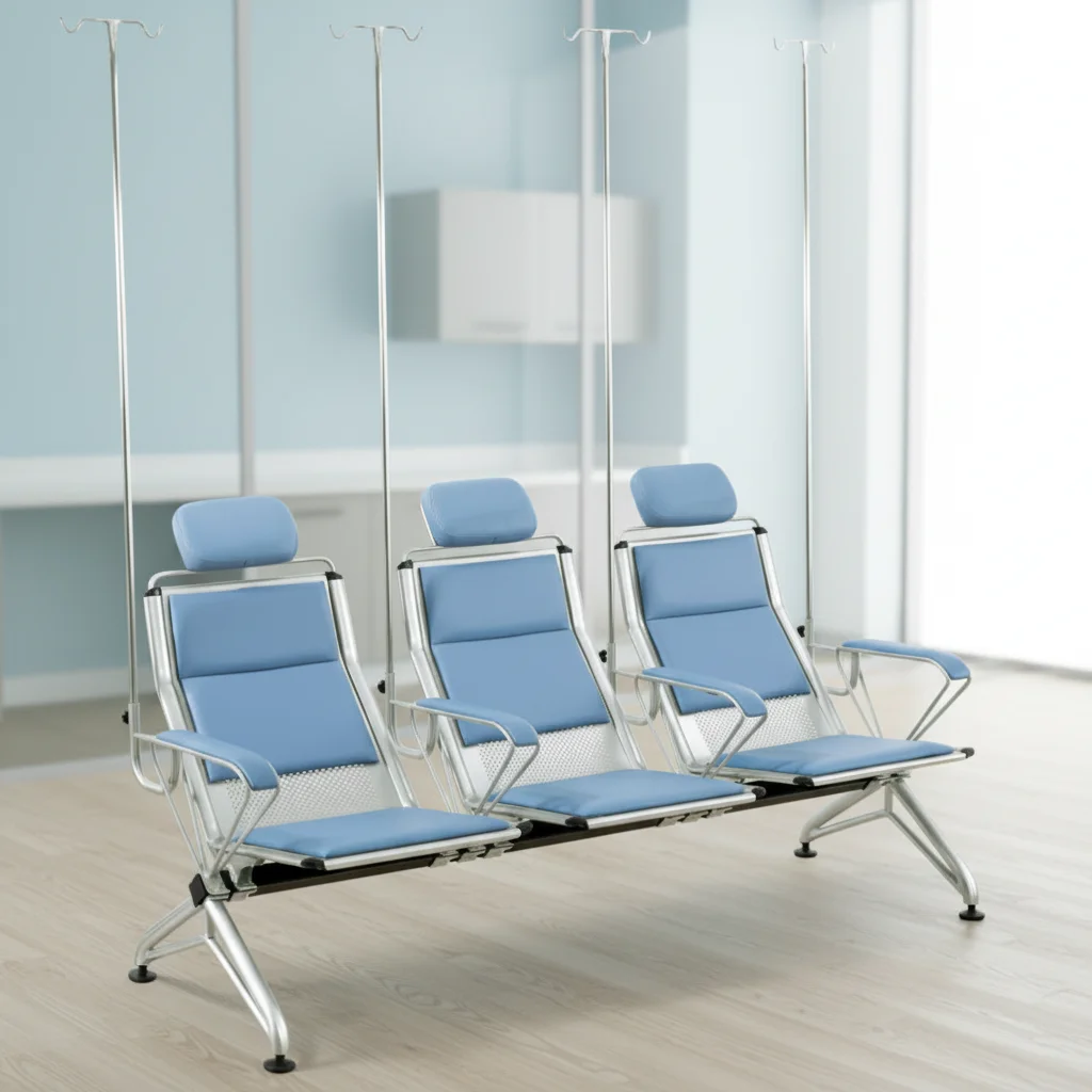 Modern Steel Hospital Waiting Room Three-Person Seating with IV Support Poles Durable & Eco-Friendly Commercial Furniture 6